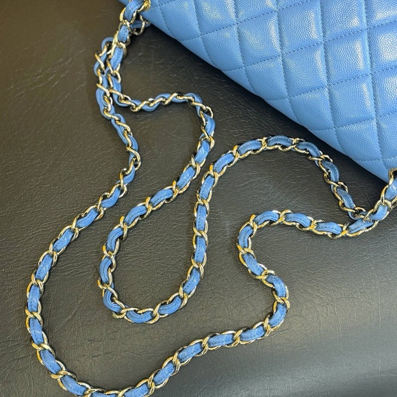 Chanel 21P Blue Caviar Quilted Jumbo Large Classic Double Flap bag & tag - Picture 10 of 16